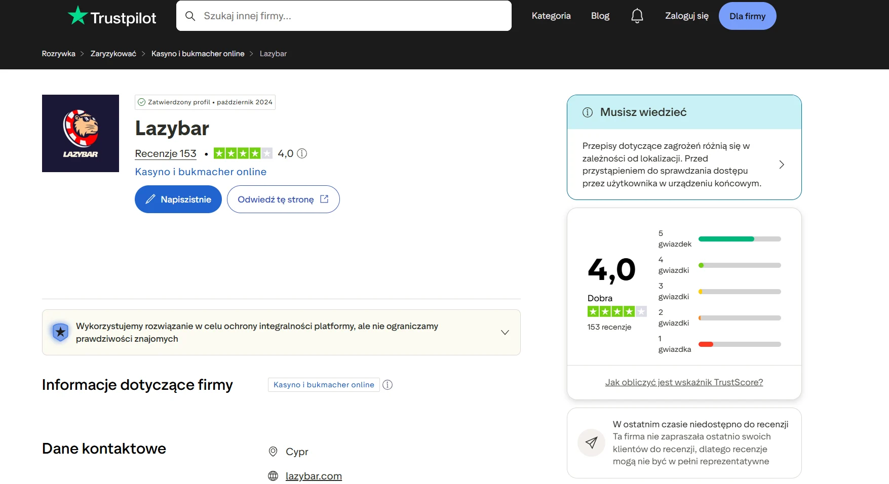 Profil recenzji Lazybar na Trustpilot z kontekstem zbioru opinii